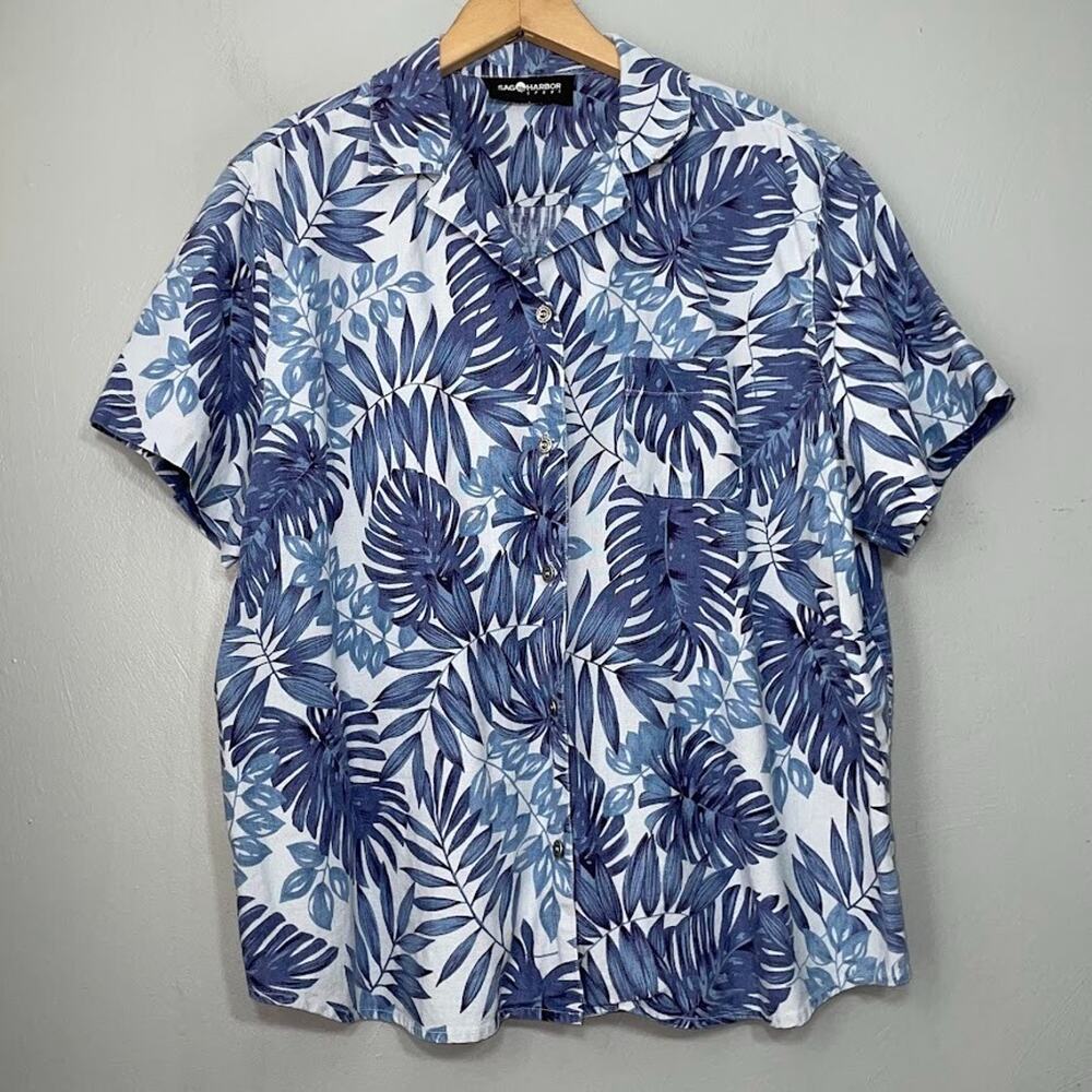 Sag Harbor Plus Size 1X Blue Tropical Linen Button Up Shirt Coastal Grandma